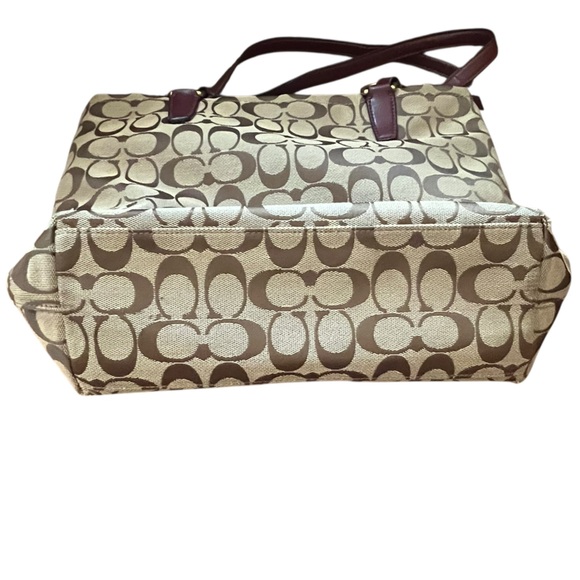 Coach Signature Stripe Khaki Brown Canvas Tote Bag Burgundy Leather Trim F28504 - Picture 4 of 11